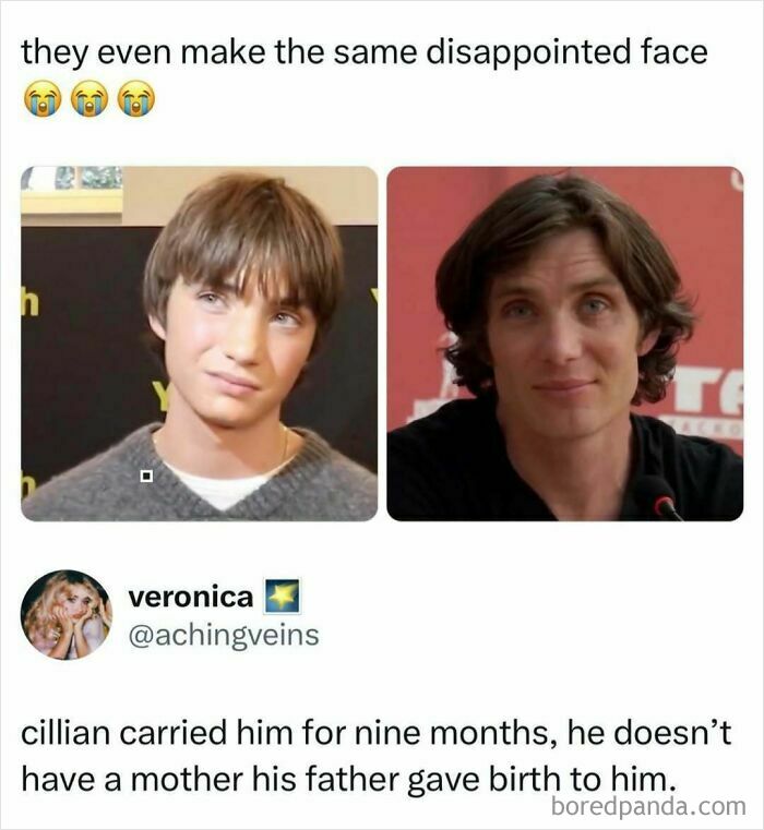 Meme comparing Cillian Murphy with a younger lookalike, showcasing popular pop culture news humor.