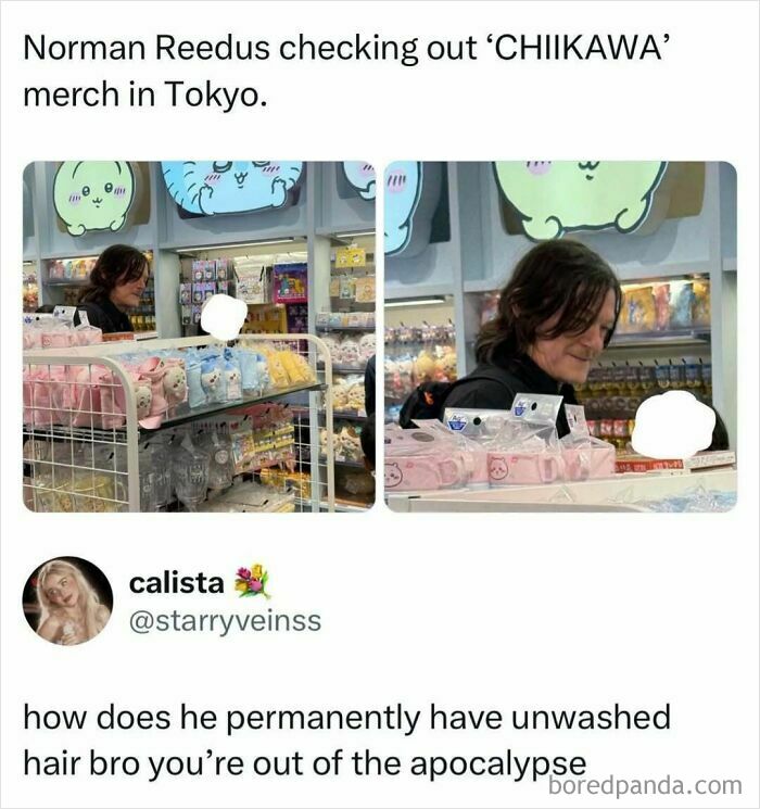 Meme of Norman Reedus looking at Chiikawa merchandise in Tokyo, highlighting pop culture news.