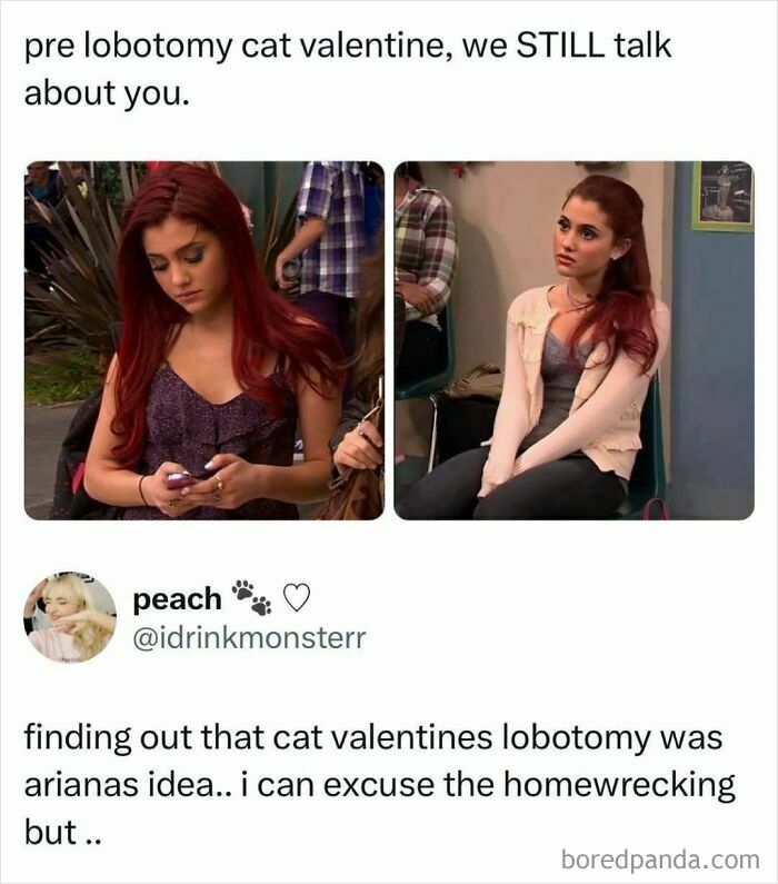 Pop culture news meme on Ariana Grande's character Cat Valentine from Victorious