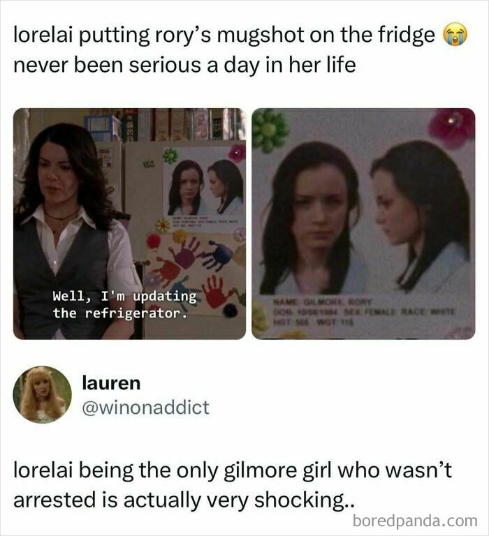 Meme about Lorelai and Rory Gilmore mugshot from Gilmore Girls in pop culture news.