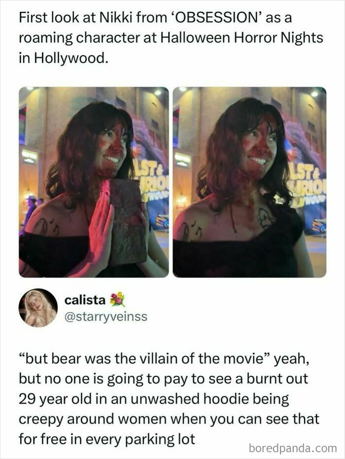 Pop culture news tweet about a character from Obsession at a Halloween event