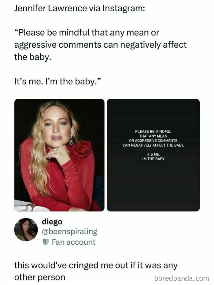 Jennifer Lawrence pop culture news meme quote about baby comments