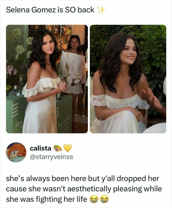 Pop culture news meme showing Selena Gomez smiling in a white dress.