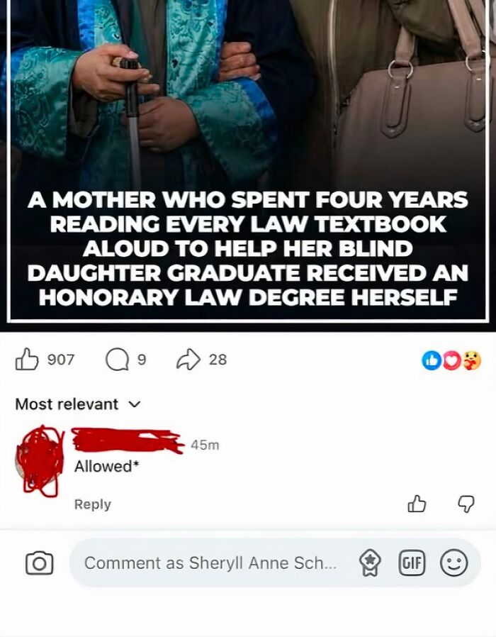 A comment showing a user incorrectly correcting aloud to allowed on a post about a blind daughter graduating law school.
