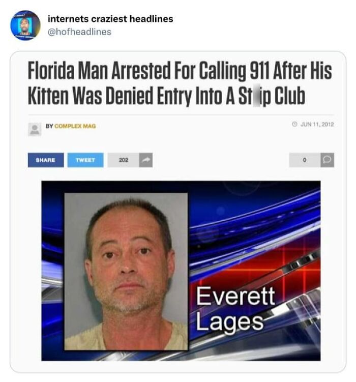 Hilarious news headlines including a social media post about a Florida man arrested over a kitten and strip club.