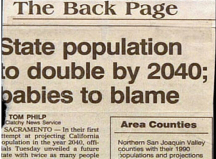 Hilarious newspaper clipping stating state population to double by 2040 and babies are to blame