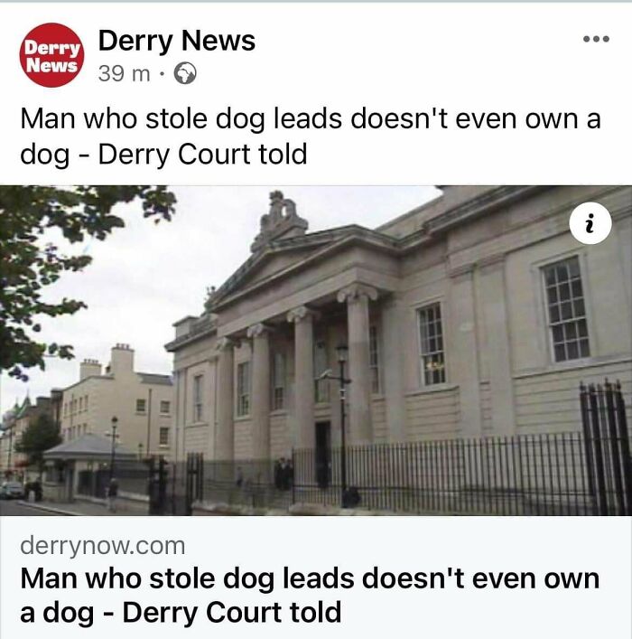 Derry Court building from a news report, showcasing unhinged news headlines about a bizarre theft case.