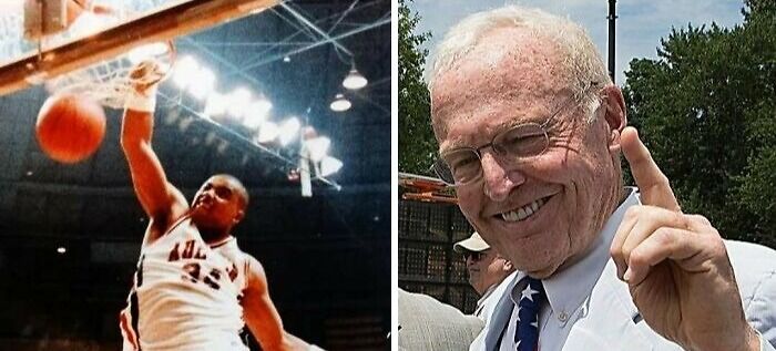 Historic basketball dunk during a college game highlighting sports history moments
