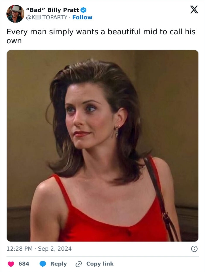 Courteney C*x as Monica Geller in Friends, used in the Beautiful Mid meme on social media Courteney C*x as Monica Geller in Friends, used in the Beautiful Mid meme on social media