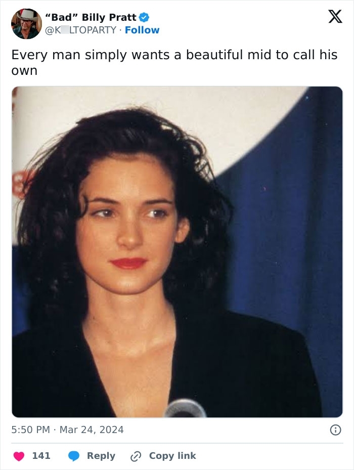 Winona Ryder looking sideways in a black outfit, featured in the Beautiful Mid meme trend Winona Ryder looking sideways in a black outfit, featured in the Beautiful Mid meme trend