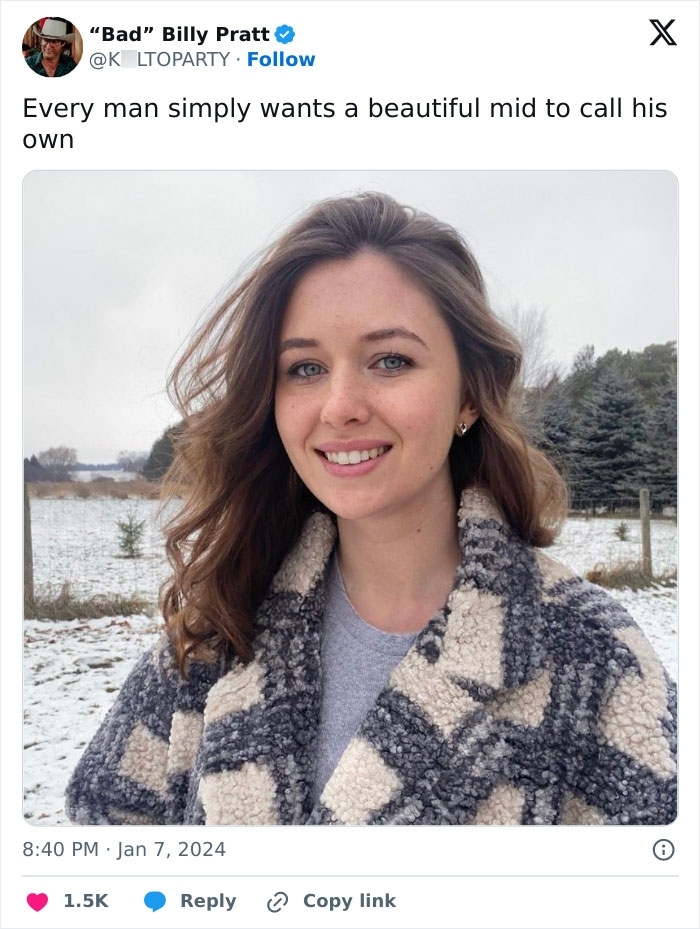A smiling brunette woman in a winter coat outdoors, associated with the Beautiful Mid meme A smiling brunette woman in a winter coat outdoors, associated with the Beautiful Mid meme