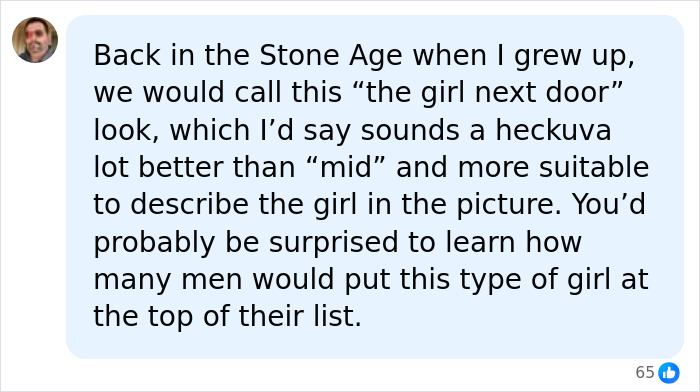 Facebook user commenting on the beautiful mid meme comparing her look to the girl next door style Facebook user commenting on the beautiful mid meme comparing her look to the girl next door style
