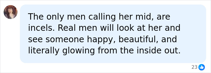 A social media comment discussing the beautiful mid meme and defending the woman as glowing and happy A social media comment discussing the beautiful mid meme and defending the woman as glowing and happy