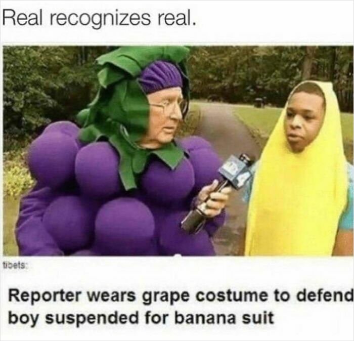 Reporter in a grape costume interviewing a boy in a banana suit for hilarious news headlines.
