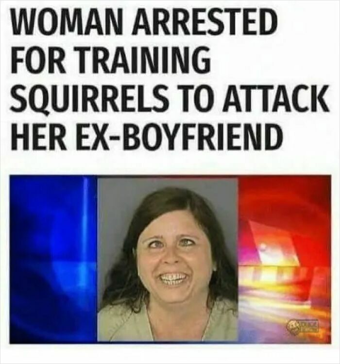 A mugshot of a smiling woman arrested for a bizarre crime, illustrating unhinged news headlines.