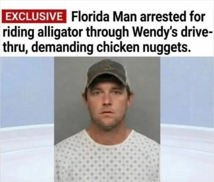 A mugshot of a Florida man with a baseball cap, depicting one of many unhinged news headlines.