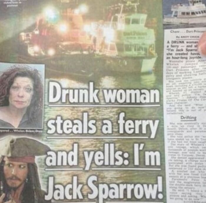 Newspaper article about a drunk woman stealing a ferry and yelling Jack Sparrow, a funny unhinged news headline.