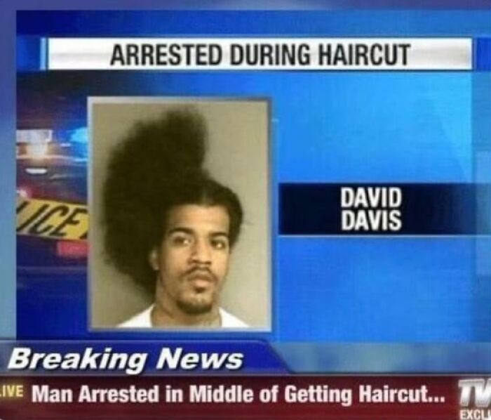 A news broadcast showing an arrested man mid-haircut, representing unhinged news headlines