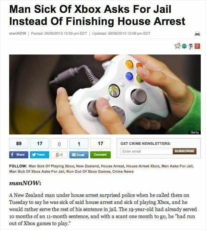 Hilarious news headlines about a man sick of Xbox asking for jail instead of house arrest