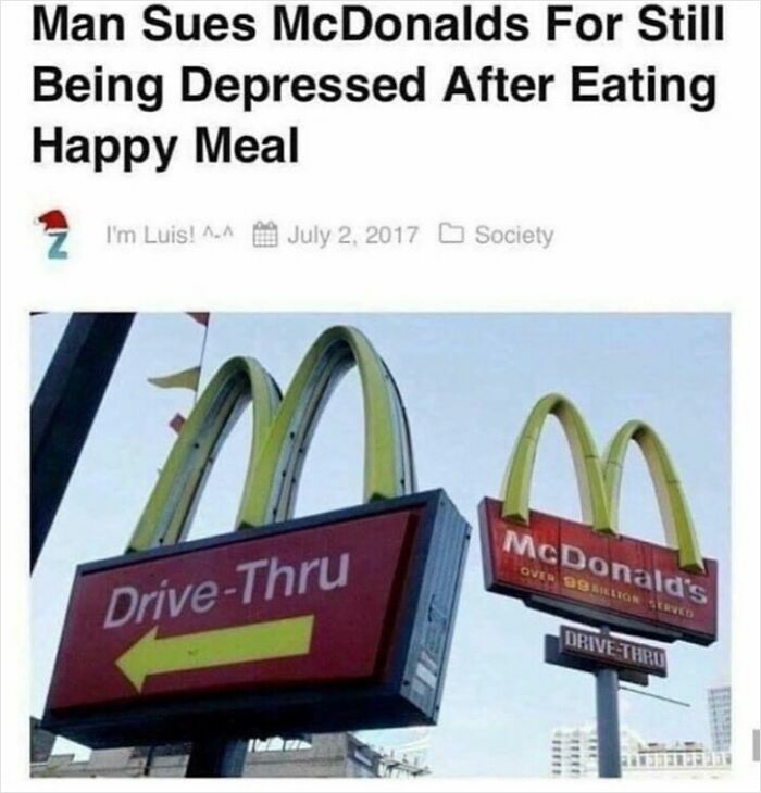 Unhinged News Headlines about a man suing McDonalds over a Happy Meal