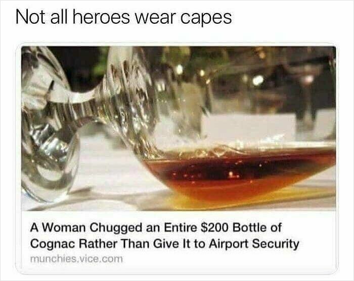 Unhinged News Headlines detailing a woman chugging a bottle of cognac at airport security