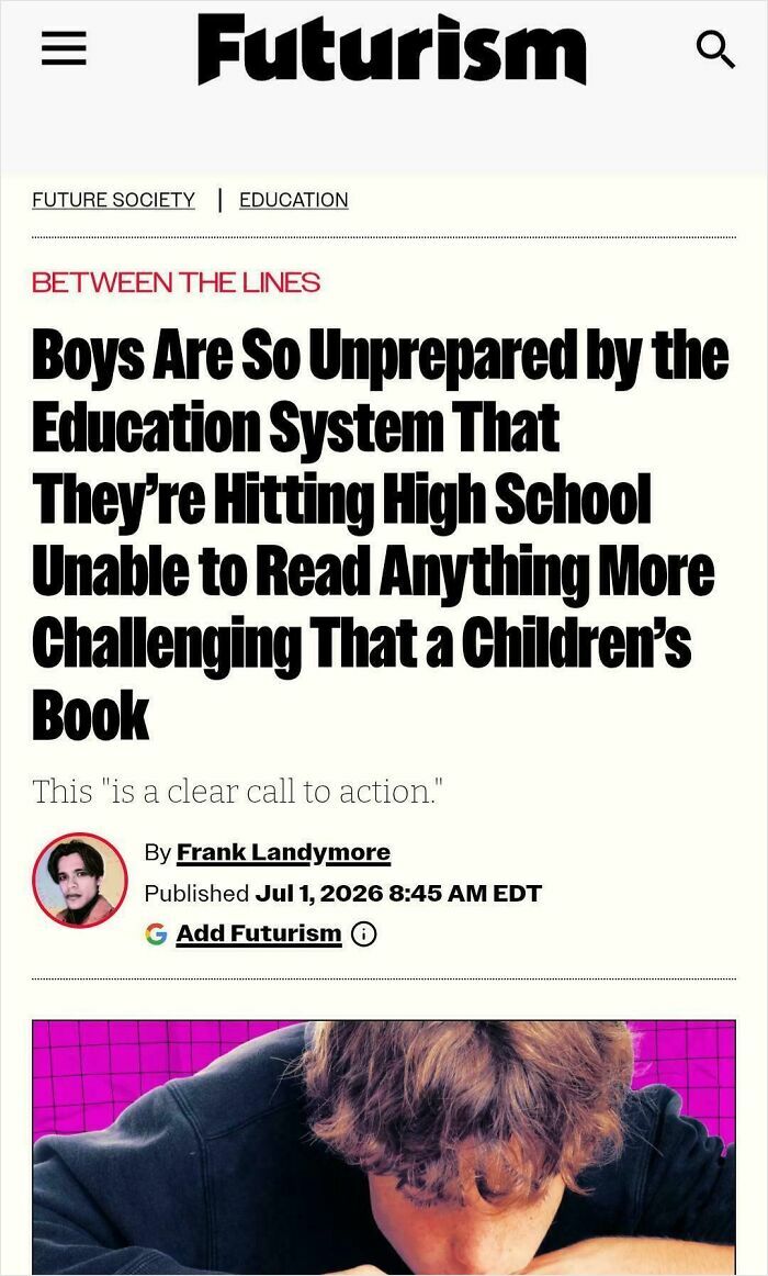 Unhinged news headline about boys being unprepared by the education system featuring a student with head down