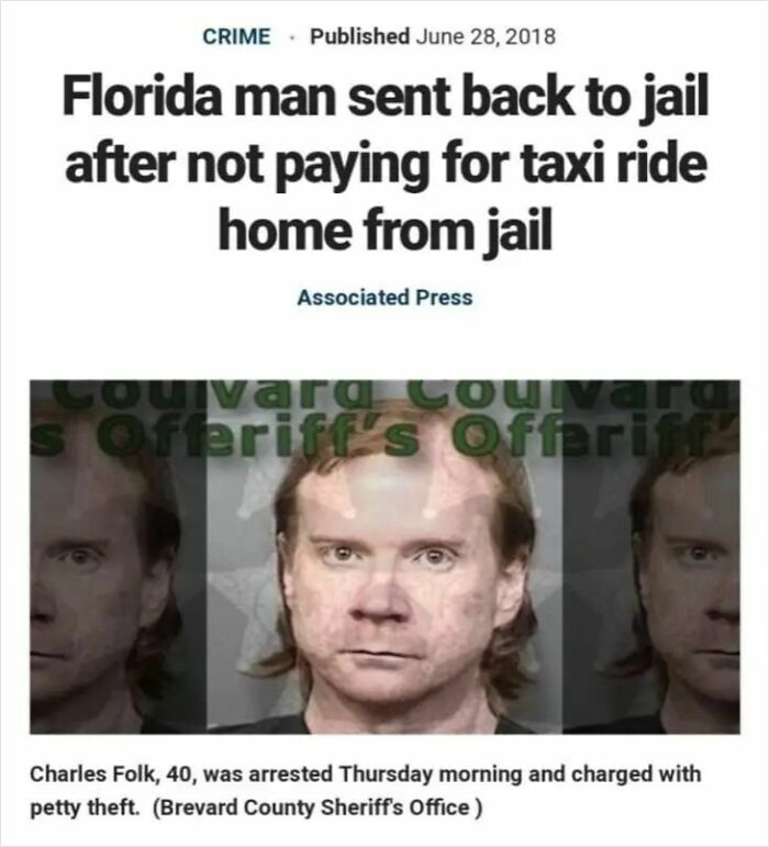 Unhinged news headline about a Florida man sent back to jail after a taxi ride, featuring a mugshot.