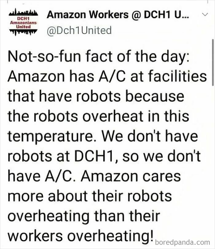 Social media post about lack of AC in an Amazon facility, showing a harsh reality of modern life in America.