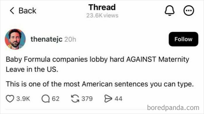 Social media post discussing baby formula and maternity leave policies in modern life in America.