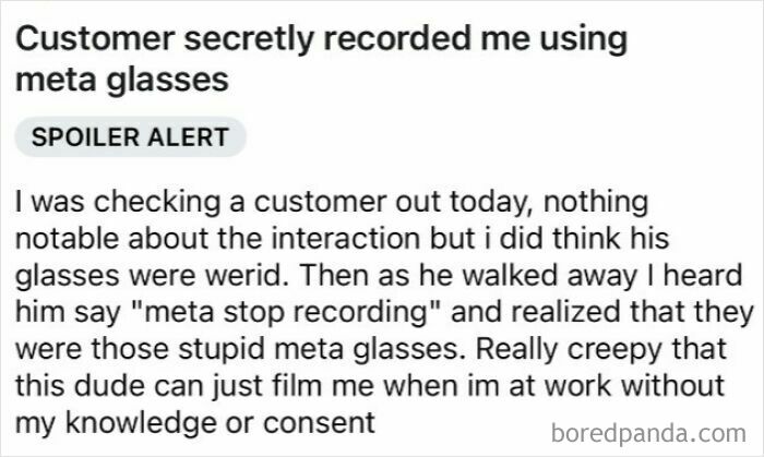 A social media post about being secretly recorded by a customer with smart glasses, showing modern life in America.