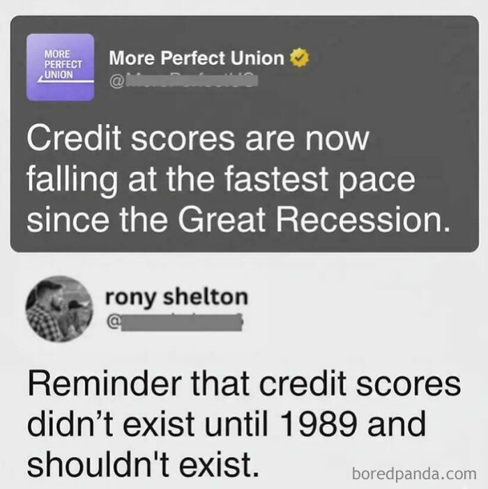 Social media post discussing credit scores and history, pointing to financial structures of modern life in America.