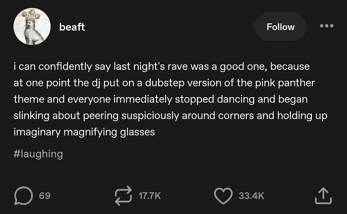Tumblr post humorously describes a dubstep Pink Panther theme stopping a rave dance party