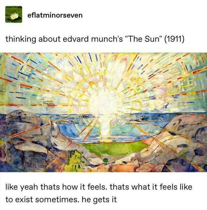 Tumblr post reflecting on Edvard Munch's painting The Sun with colorful rays over a landscape