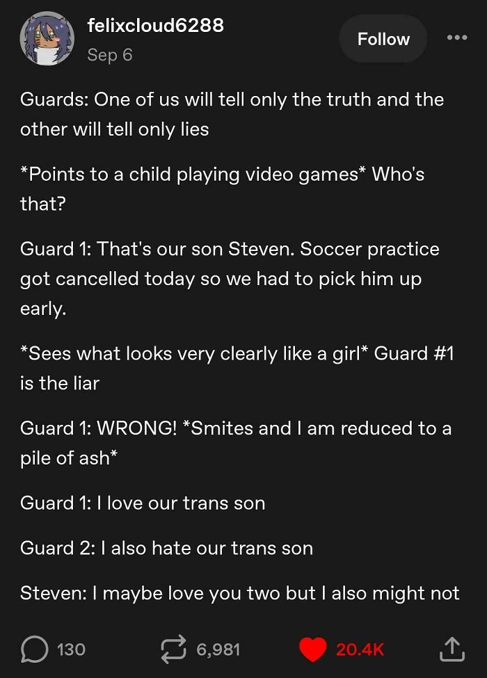 Tumblr post joking about guards telling truth and lies and loving a trans son