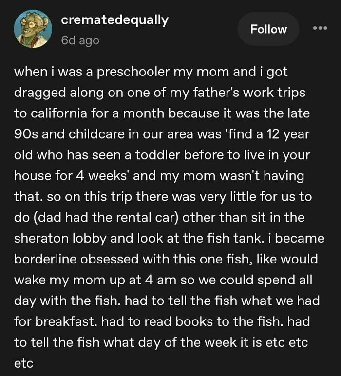 Tumblr story about a preschooler obsessed with a fish during a family trip