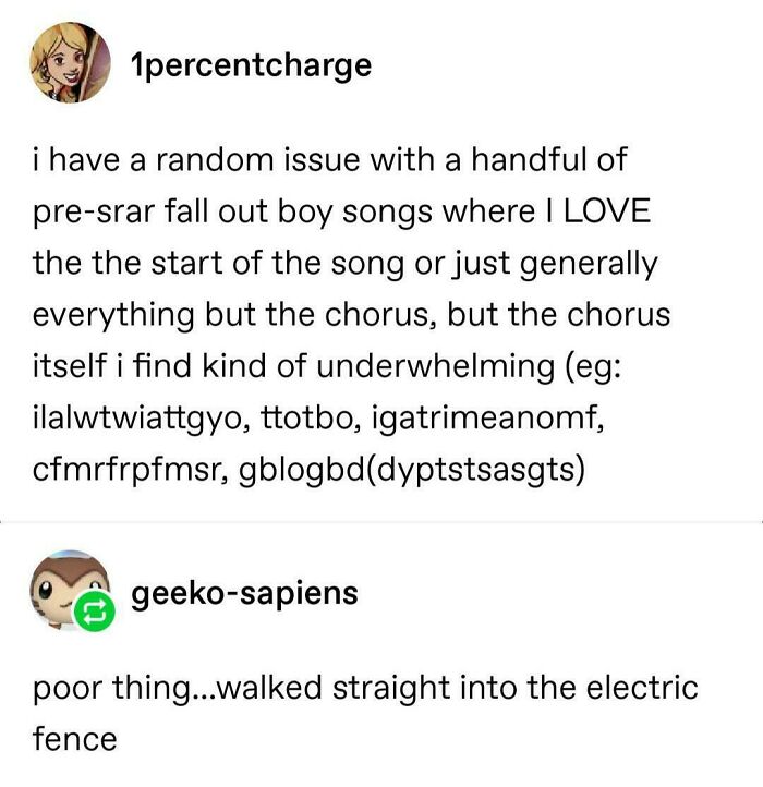 Tumblr post discussing random issues with pre-star fall out boy songs and chorus