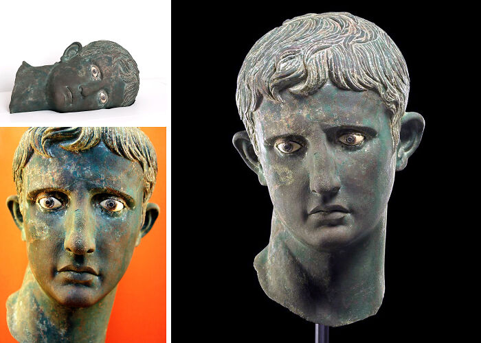 Ancient bronze head sculpture with detailed eyes and hair from strange discoveries and artifacts