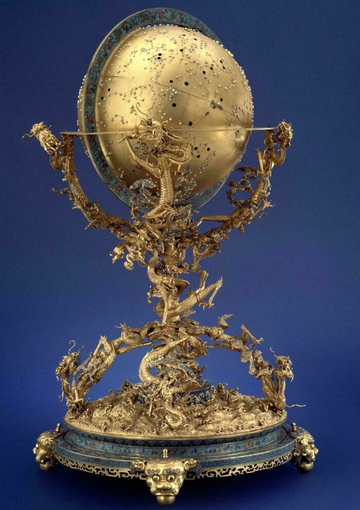Elaborate golden celestial globe with dragon decorations