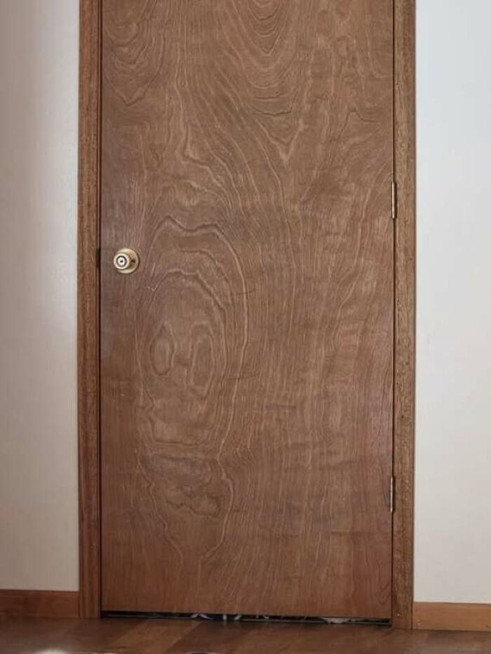 Wooden door grain resembling a face staring