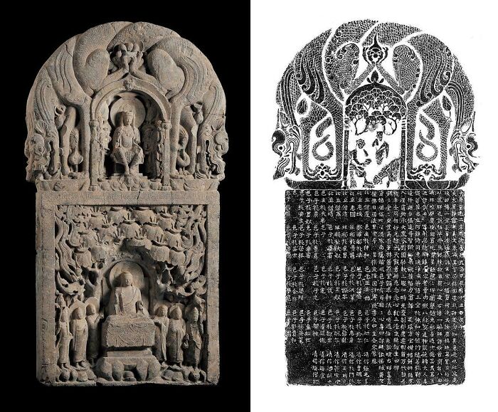 Ancient carved stone tablet with Buddhist figures and inscriptions, strange historical artifact