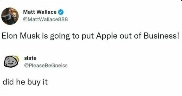 A social media exchange about Elon Musk and Apple, showcasing funny and oddly accurate insults