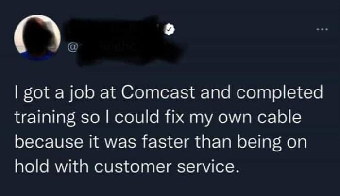 A tweet joking about getting a job at Comcast, showing funny and oddly accurate insults regarding customer service.