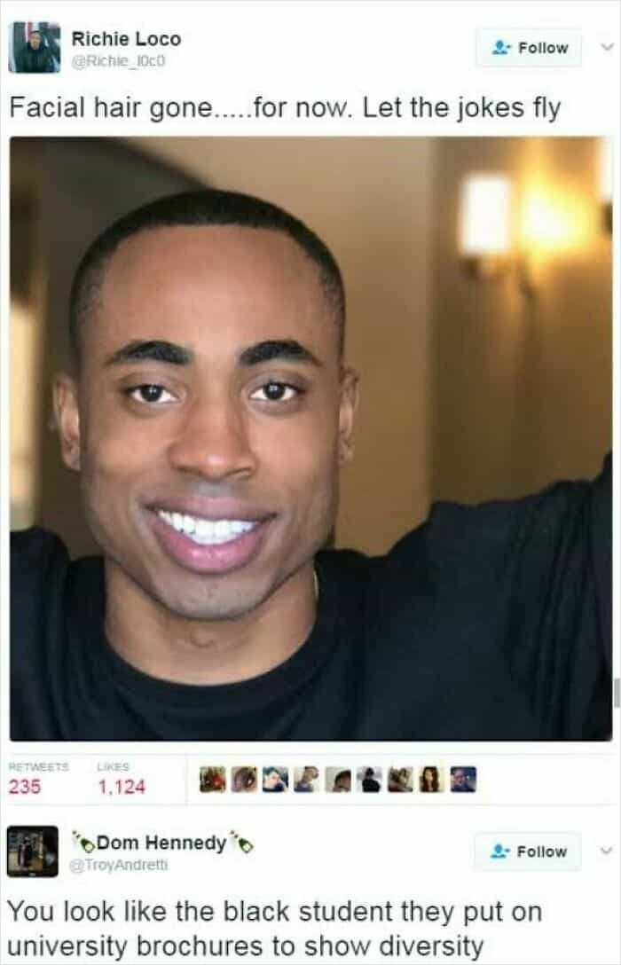 A social media post containing funny and oddly accurate insults comparing a smiling man to a brochure student.