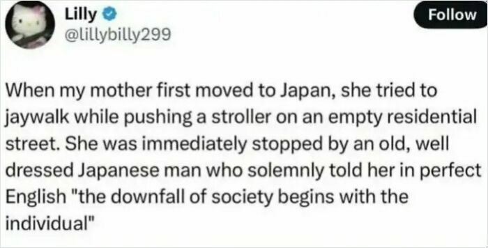 Twitter post sharing funny insults about jaywalking in Japan.