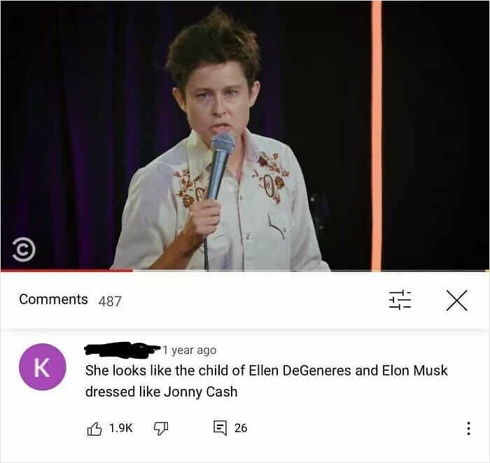 A YouTube comment thread featuring funny and oddly accurate insults about a stand-up comedian's appearance.