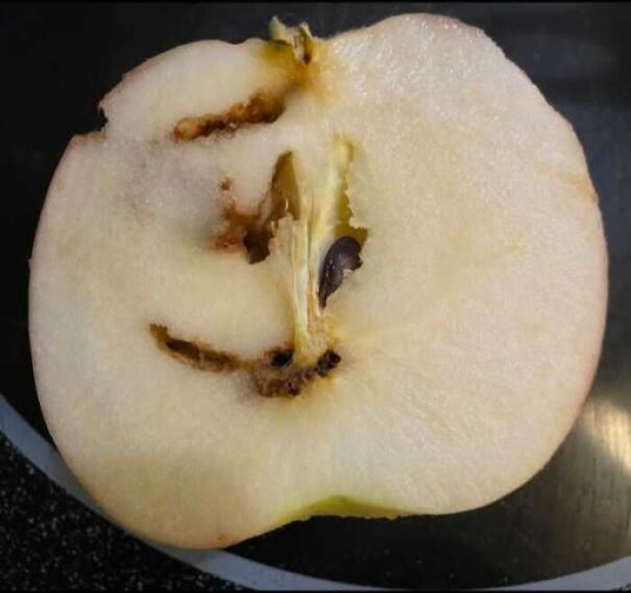 Sliced pear with inner seeds and marks resembling a staring face