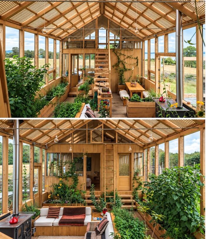 An indoor garden greenhouse structure made from clever wooden creations.