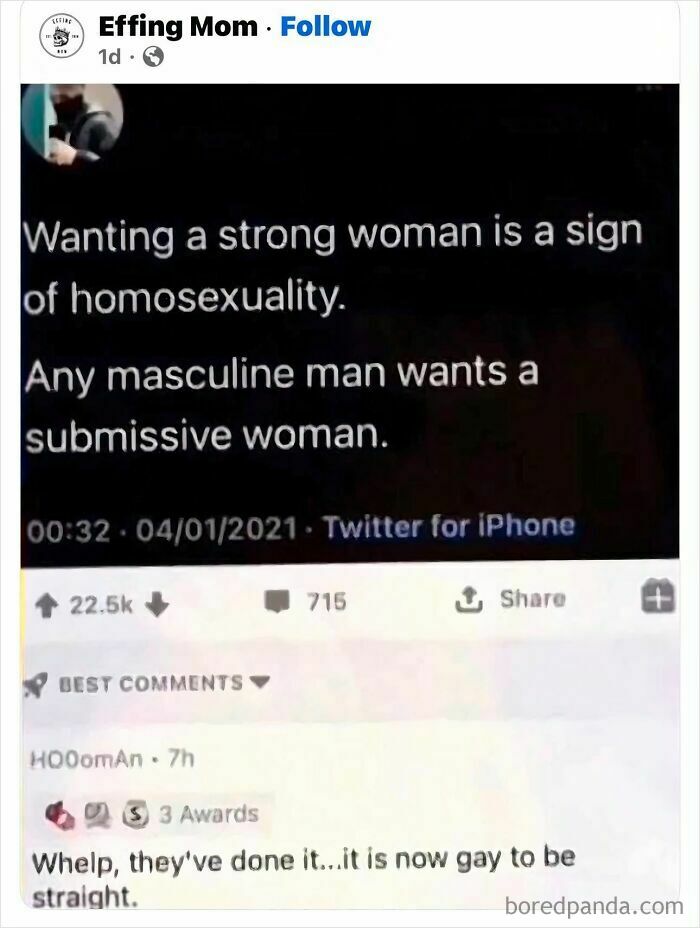 A screenshot of a social media post discussing how women are viewed as people, featuring a funny comment.