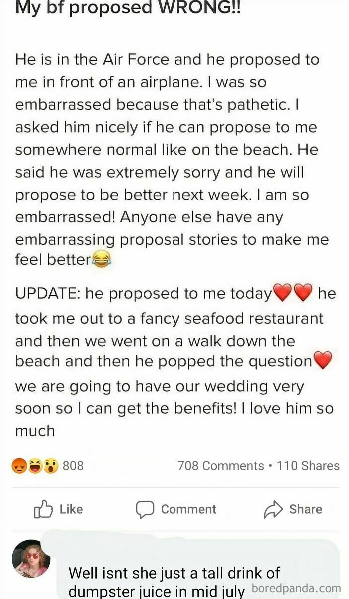 A Facebook post showing questionable wedding moments regarding a wrong proposal