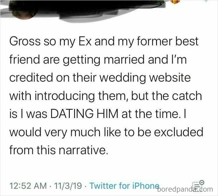 Twitter post sharing questionable wedding moments about an ex and a former best friend